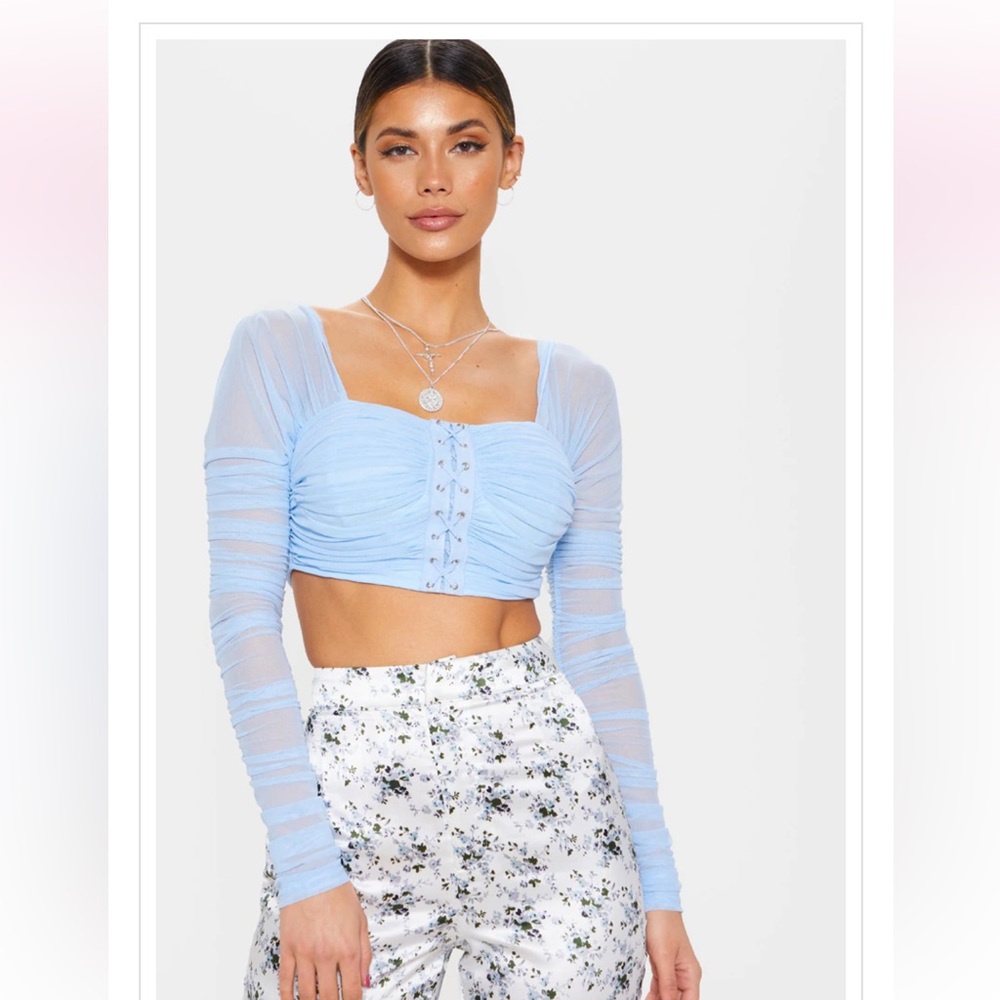 PLT- Light Blue Ruched Lace Up Detail Mesh Crop Top